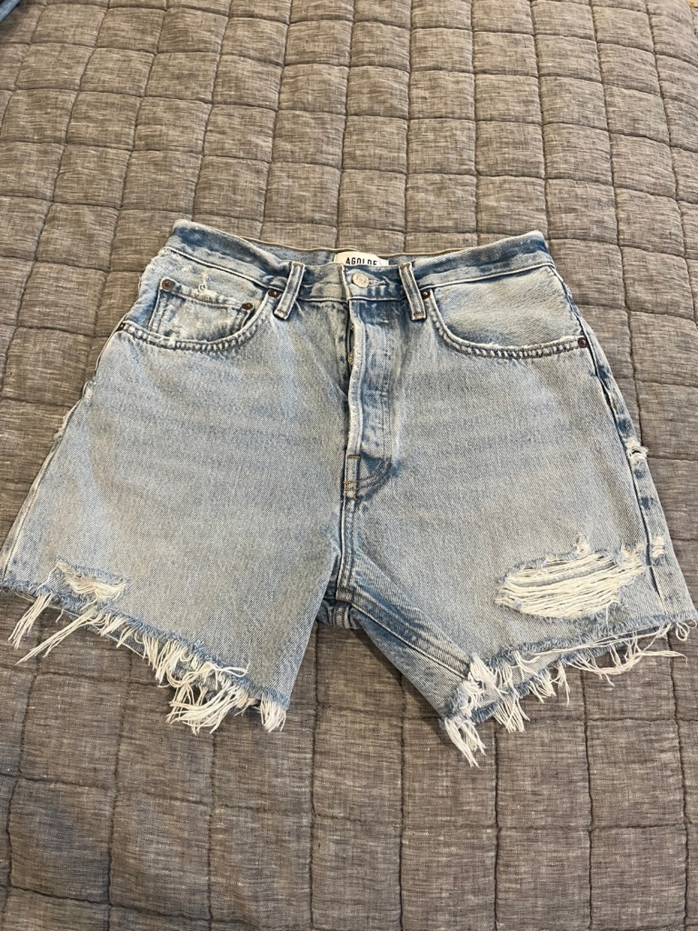Agolde Light Blue Distressed High-Rise Denim Shorts